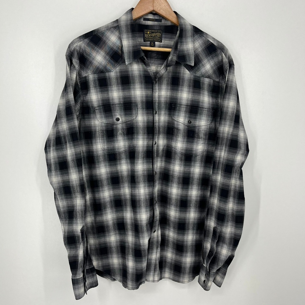 Lucky Brand Saturday Stretch Mens XL Slim Fit Black White Plaid Pearl Snap Shirt